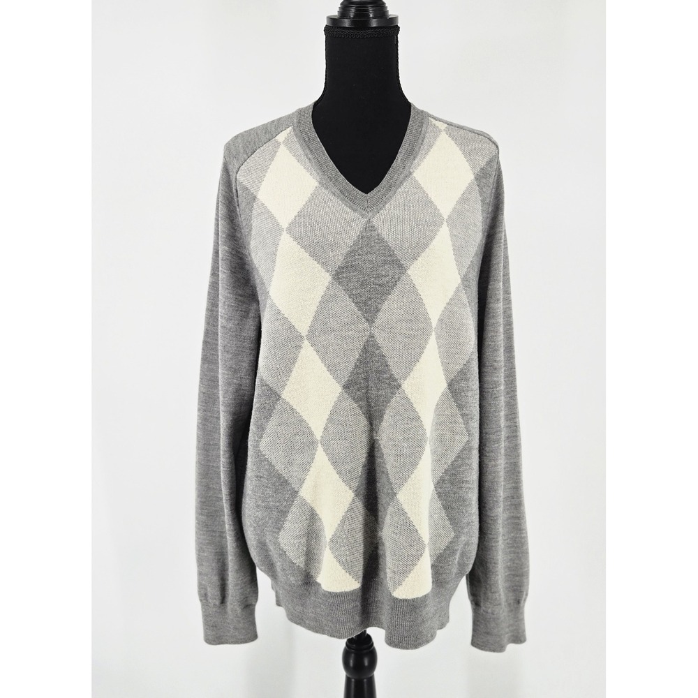 Banana Republic Extra Fine Merino Wool Gray Argyle V-Neck Sweater Men's Large
